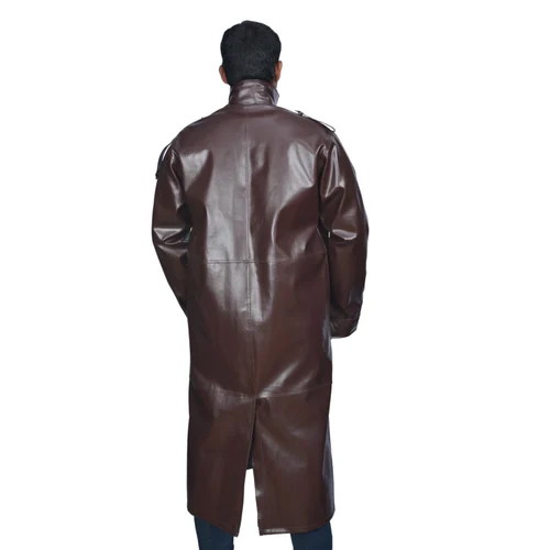 Men Leather Long Trench Jacket