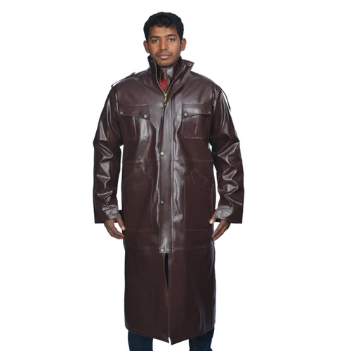 Men Leather Long Trench Jacket