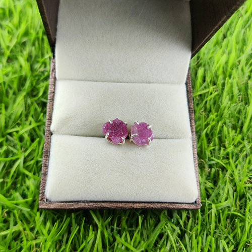 Ruby Raw Birthstone Gold Vermeil Silver Prong Set Stud Earring Size: 8-10mm