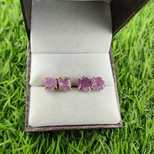 Ruby Raw Birthstone Gold Vermeil Silver Prong Set Stud Earring Size: 8-10mm