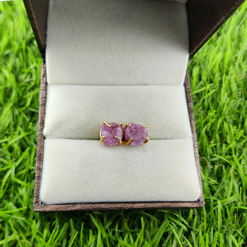 Ruby Raw Birthstone Gold Vermeil Silver Prong Set Stud Earring Size: 8-10mm