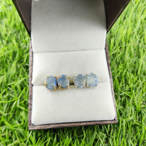 Sapphire Raw Birthstone Gold Vermeil Silver Prong Set Stud Earring Size: 8-10mm