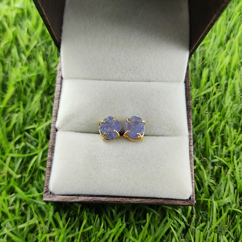Tanzanite Raw Birthstone Gold Vermeil Silver Prong Set Stud Earring Size: 8-10mm
