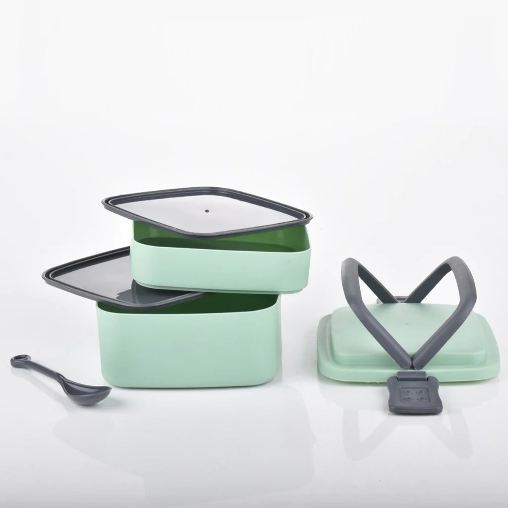 Green Double-layer Portable Lunch Box Stackable - Multi-color, Lightweight Food-grade Plastic, Insulated Design With Handle, 2 Compartments & Spoon