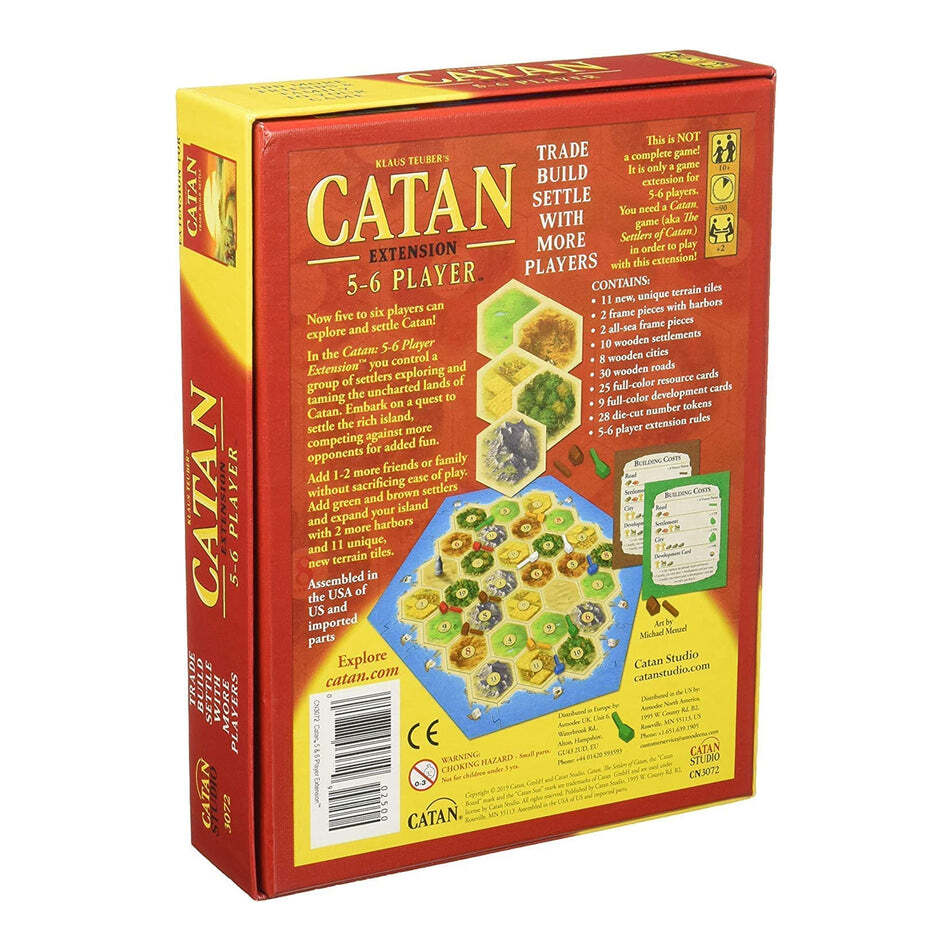 Catan Board Game Extension 5 To 6 Players (4659) - 126 Pieces, Includes 11 Unique Terrain Tiles, 30 Plastic Roads, 10 Settlements, 8 Cities, 25 Resource Cards, 9 Development Cards