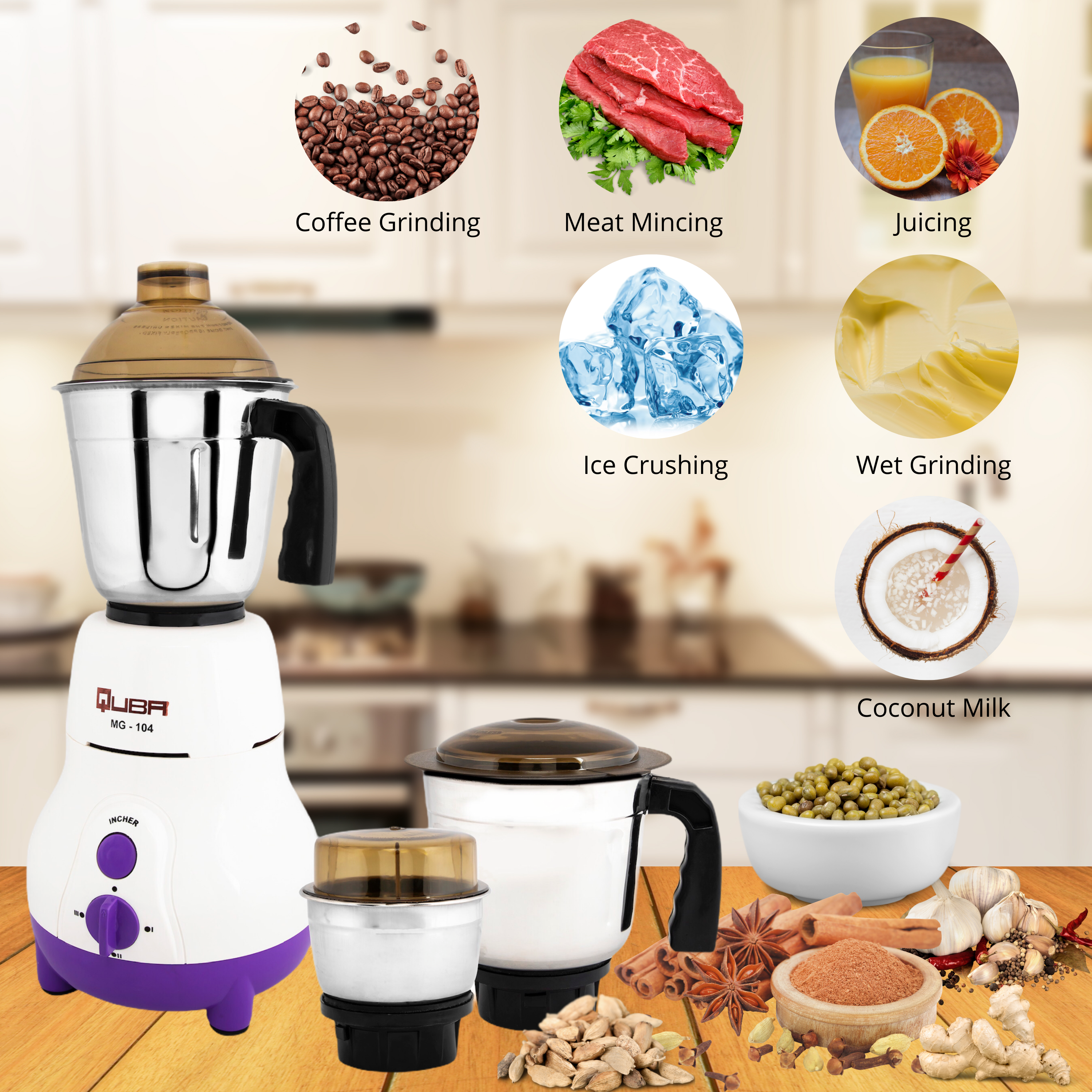 Heavy Duty 3 Jar 600 Watt Mixer Grinder With Copper Motor - Color: Off White And Violet