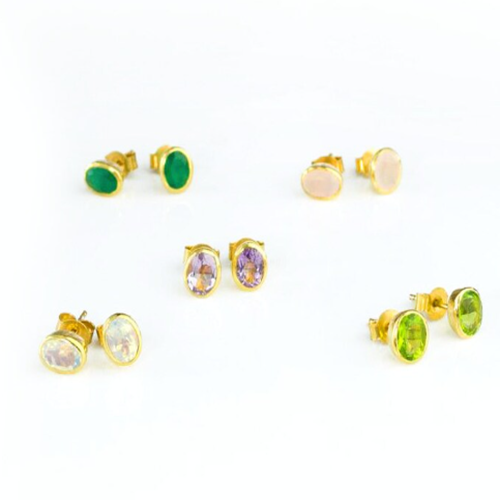 Earrings Garnet Quartz Gemstone Oval Shape 8x12mm Gold Vermeil Bezel Stud