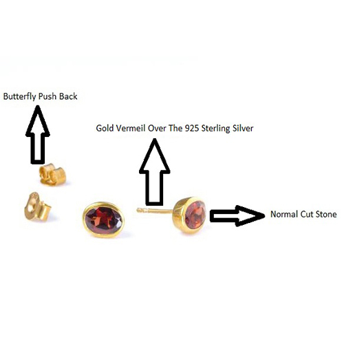 Earrings Garnet Quartz Gemstone Oval Shape 8x12mm Gold Vermeil Bezel Stud