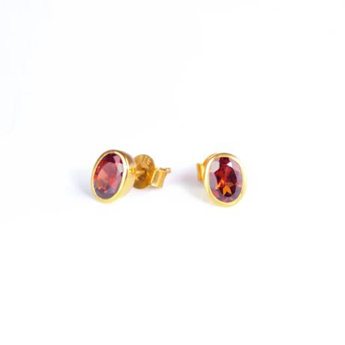 Earrings Garnet Quartz Gemstone Oval Shape 8x12mm Gold Vermeil Bezel Stud