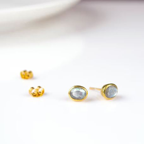 Earrings Labradorite Gemstone Oval Shape 8x12mm Gold Vermeil Bezel Stud