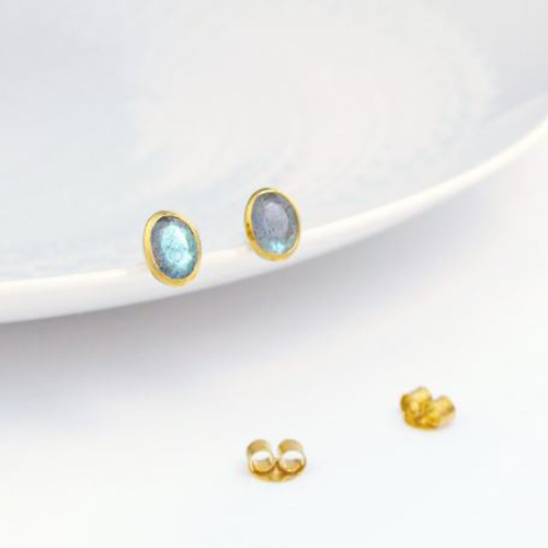 Earrings Labradorite Gemstone Oval Shape 8x12mm Gold Vermeil Bezel Stud