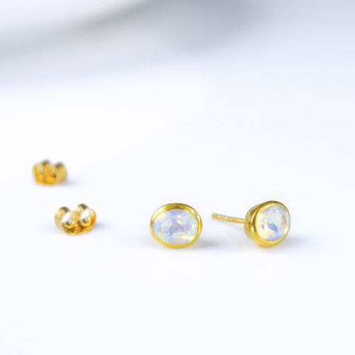 Earrings Opalite Quartz Gemstone Oval Shape 8x12mm Gold Vermeil Bezel Stud