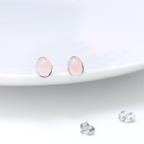 Pink Chalcedony Gemstone Oval Shape 8x12mm Gold Vermeil Bezel Stud - Jewelry Type: Earrings