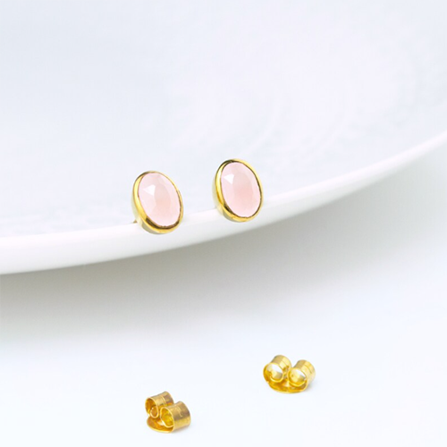 Pink Chalcedony Gemstone Oval Shape 8x12mm Gold Vermeil Bezel Stud - Jewelry Type: Earrings