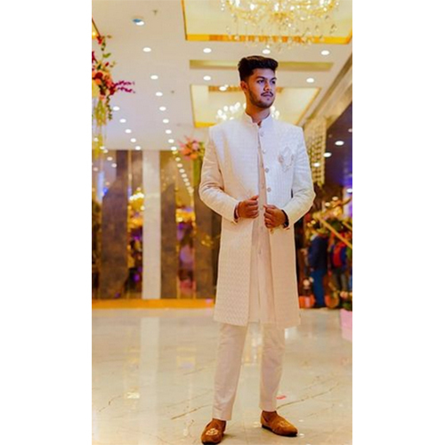 Indian Mens Peach Three Piece Indo Western Set