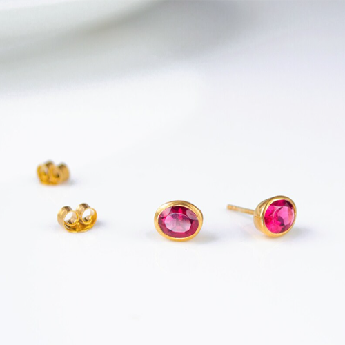 Earrings Ruby Quartz Gemstone Oval Shape 8x12mm Gold Vermeil Bezel Stud
