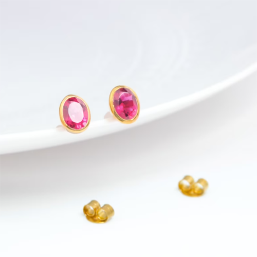 Earrings Ruby Quartz Gemstone Oval Shape 8x12mm Gold Vermeil Bezel Stud