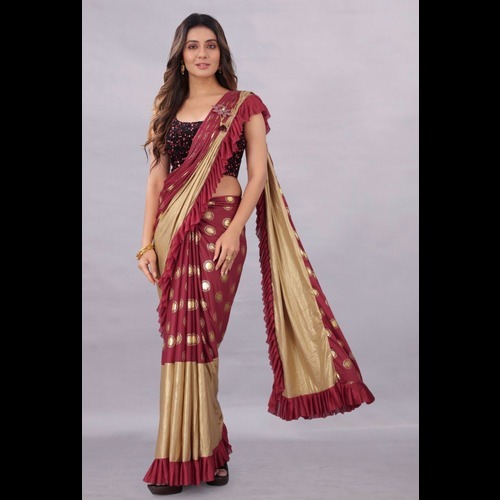 Soft Silk Saree - Unstitched Velvet Blouse, Green Color With Embroidered Sequence Lace Border & Ruffle For Partywear, Suitable For All Seasons