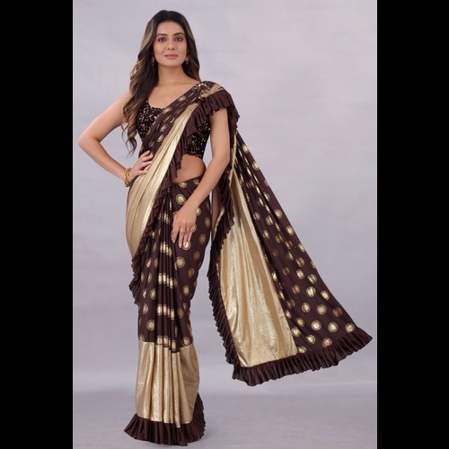 Soft Silk Saree - Unstitched Velvet Blouse, Green Color With Embroidered Sequence Lace Border & Ruffle For Partywear, Suitable For All Seasons