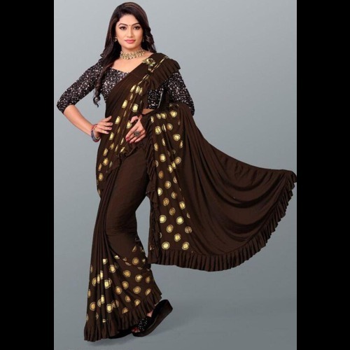 Soft Silk Saree - Unstitched Velvet Blouse, Green Color With Embroidered Sequence Lace Border & Ruffle For Partywear, Suitable For All Seasons