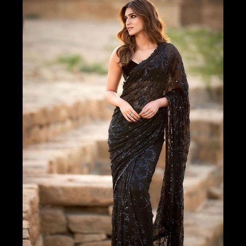 Soft Georgette Saree - Black Heavy Embroidered Fabric With 5 Mm & 9 Mm Sequence Work, Traditional Party Wear, Transparent Design, Untitched Blouse