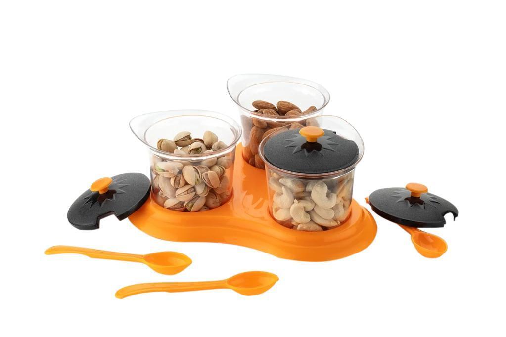 Multipurpose Dining Set Jar And Tray Holder - Plastic, Removable Containers, Mix Color | Ideal For Pickles, Chutneys & Spice Storage, Includes Spoons, Tray