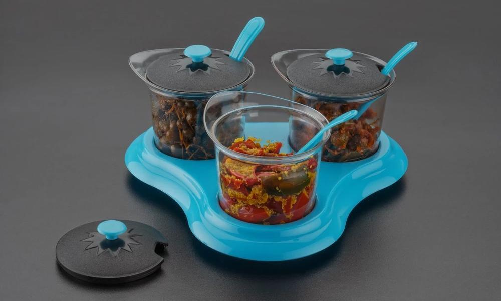 Multipurpose Dining Set Jar And Tray Holder - Plastic, Removable Containers, Mix Color | Ideal For Pickles, Chutneys & Spice Storage, Includes Spoons, Tray
