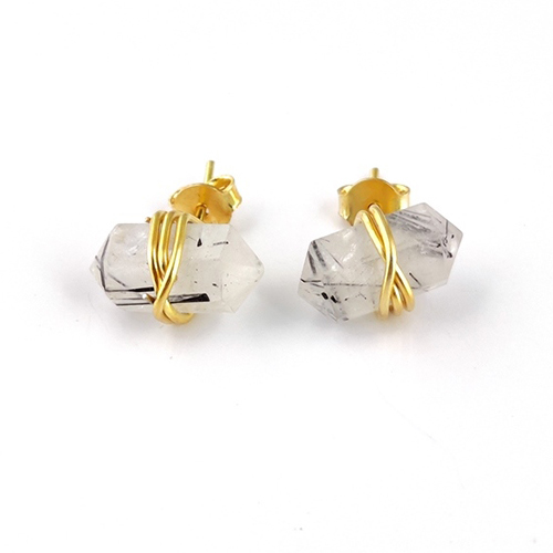 Black Rutile Gemstone Point Silver Gold Vermeil Wire Wrapped Stud - Jewelry Type: Earrings