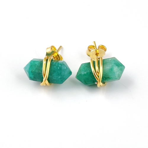 Dyed Emerald Gemstone Point Silver Gold Vermeil Wire Wrapped Stud - Jewelry Type: Earrings