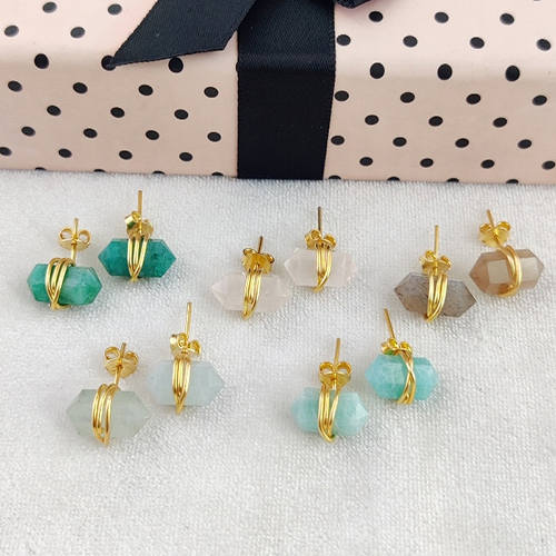 Earrings Aquamarine Gemstone Point Silver Gold Vermeil Wire Wrapped Stud