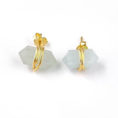 Earrings Aquamarine Gemstone Point Silver Gold Vermeil Wire Wrapped Stud