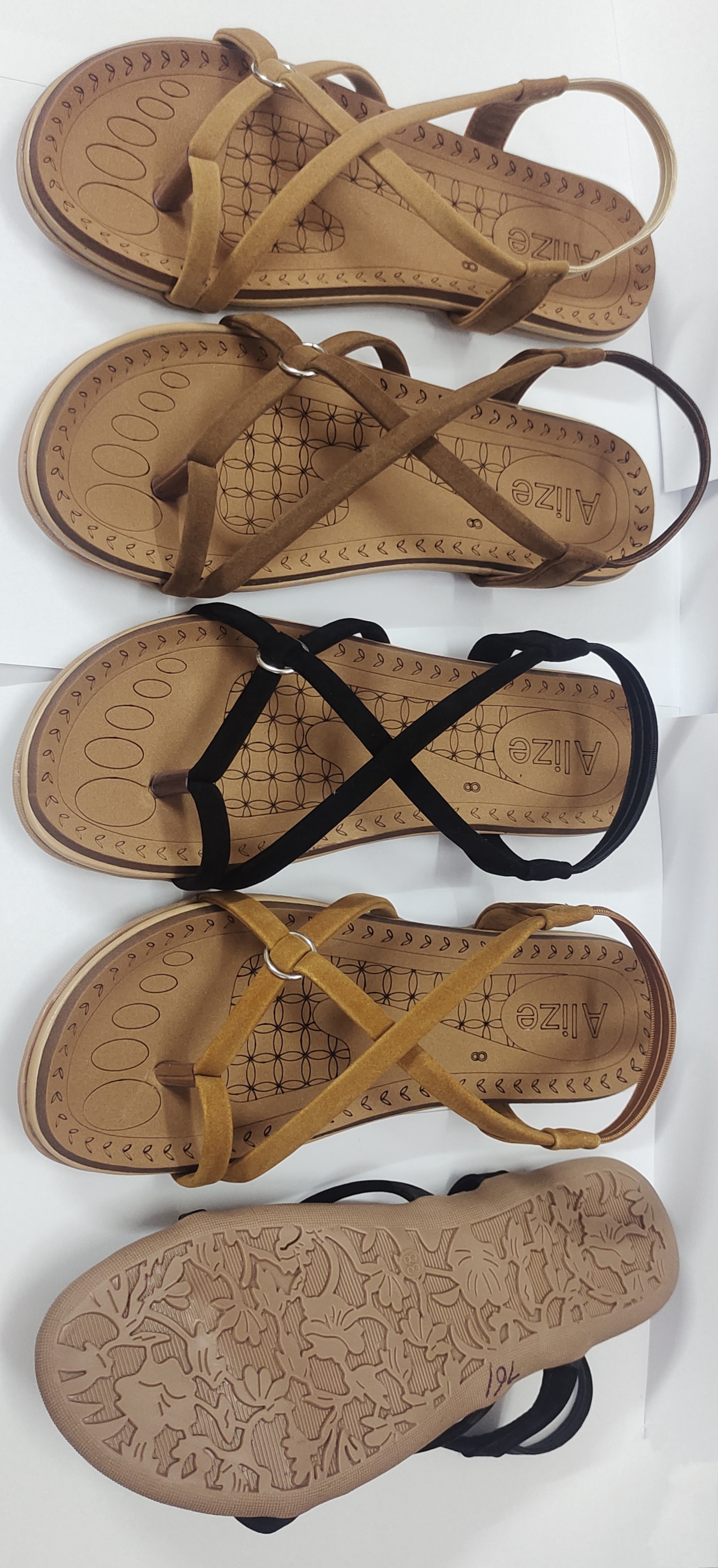 Ladies Casual Sandal - Leather, Sizes 7/11 & 10/14, Colors Black, Brown, Tan, Beige | Low Heel, Buckle Type Closure, Pvc Outsole