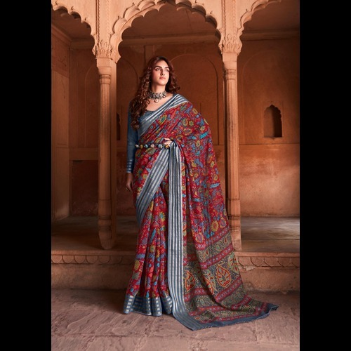 Border Saree - Chiffon, Semi-transparent Floral Print In Green And Gold | Casual & Traditional Wear, 10 Pcs Set, No Closure, All Season