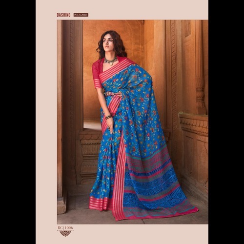 Border Saree - Chiffon, Semi-transparent Floral Print In Green And Gold | Casual & Traditional Wear, 10 Pcs Set, No Closure, All Season