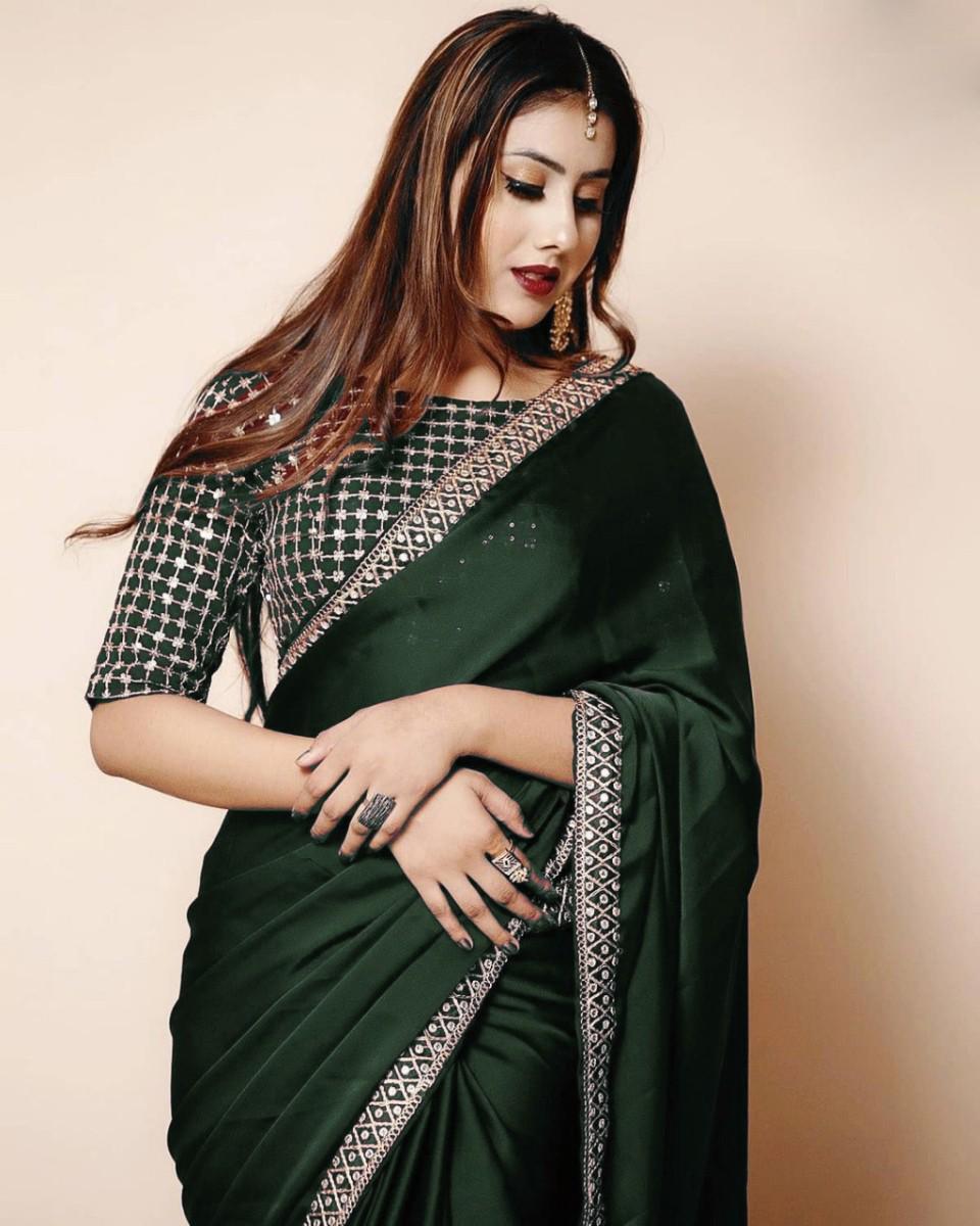 Dola Silk Saree - Dola Silk Material, Heavy Mono Silk Blouse, Unstitched, 4 Color Options | Traditional Ethnic Style, Embroidered Lace Border, Breathable Design