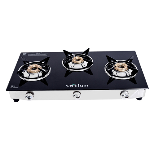 Manual Three Burner Black Glass Stove With Ss Frame