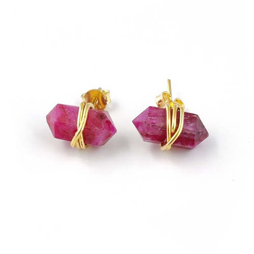 Earrings Dyed Ruby Gemstone Point Silver Gold Vermeil Wire Wrapped Stud