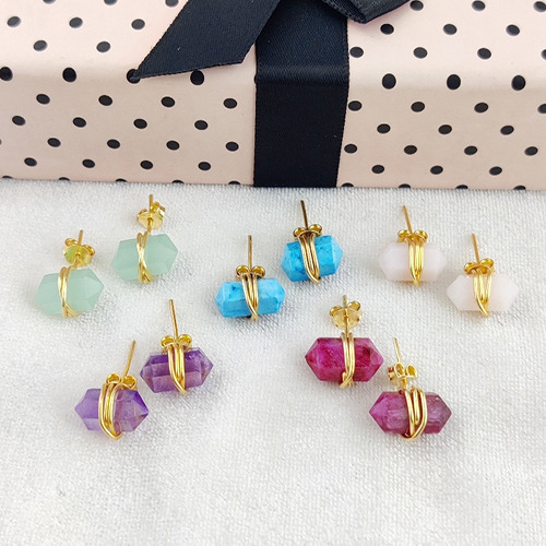 Earrings Aqua Chalcedony Gemstone Point Silver Gold Vermeil Wire Wrapped Stud