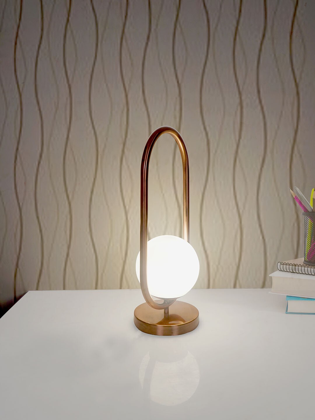 Modern Antique Copper Capsule Ring White Globe Table Lamp
