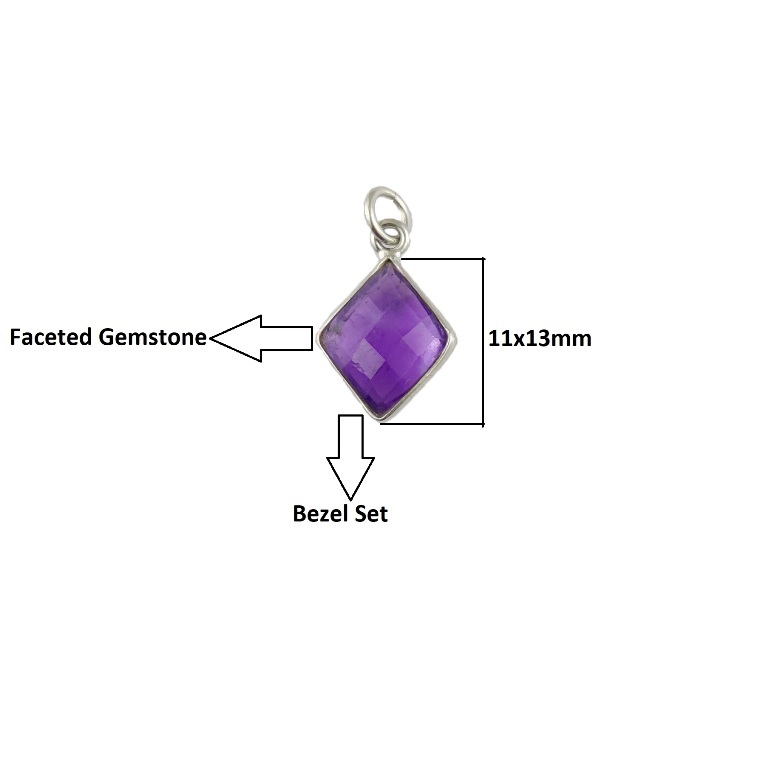 Same As Photo Amethyst Gemstone Diamond Shape Sterling Silver 11x13mm Bezel Charm