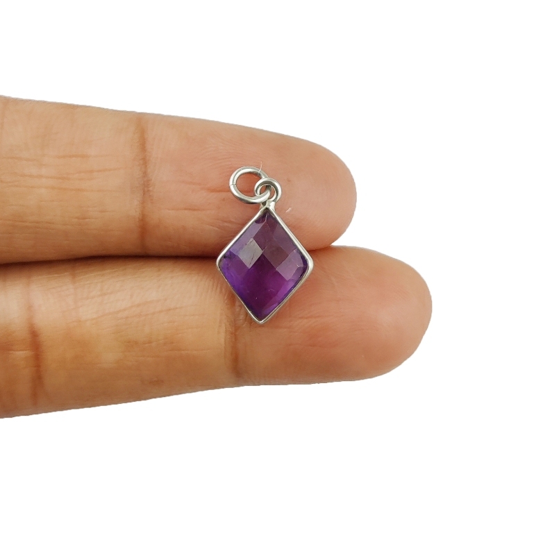 Same As Photo Amethyst Gemstone Diamond Shape Sterling Silver 11x13mm Bezel Charm