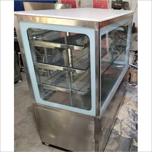Small Flat Glass Display Counter - Stainless Steel Frame, Polished Glass Top, Adjustable Shelves, Sliding Doors, Refrigeration Options