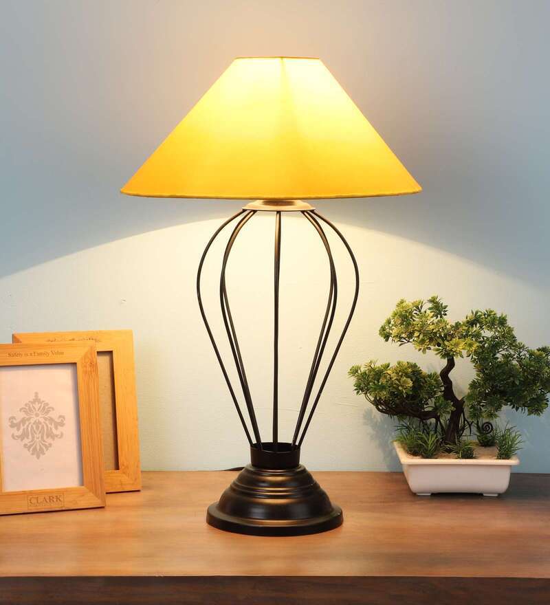 Oval Shape Black Metal Table Lamp With Yellow Shade
