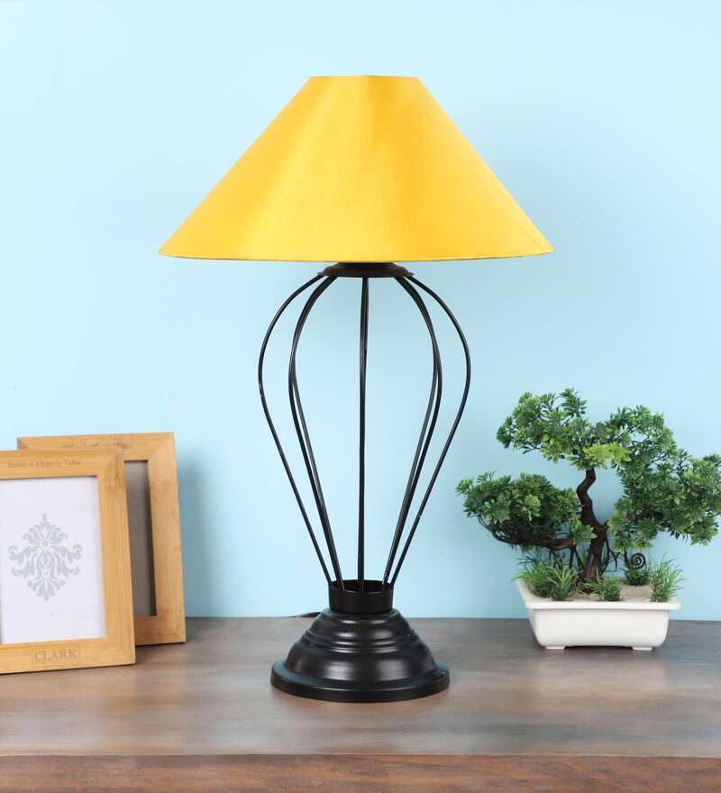 Oval Shape Black Metal Table Lamp With Yellow Shade