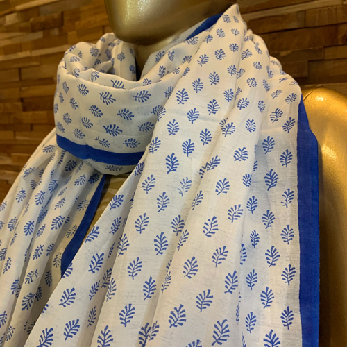 White-blue 38 X 72 Inches Blue And White Hand Block Printed Stoles