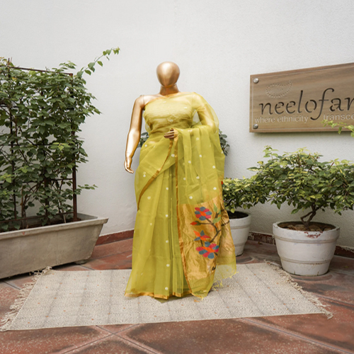 Light Green Silk Saree With Zari Border