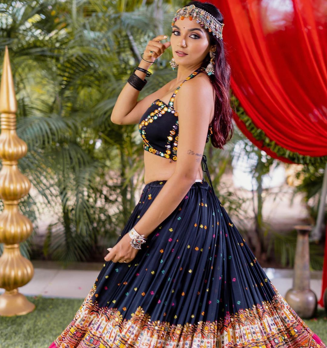 Hevvy Printed Lehenga Choli - Soft Chinnon Silk, 42 Inch Length, Free Size Semi-stitched | Real Mirror Work, Ethnic Indian Design, Washable, Xxl Size