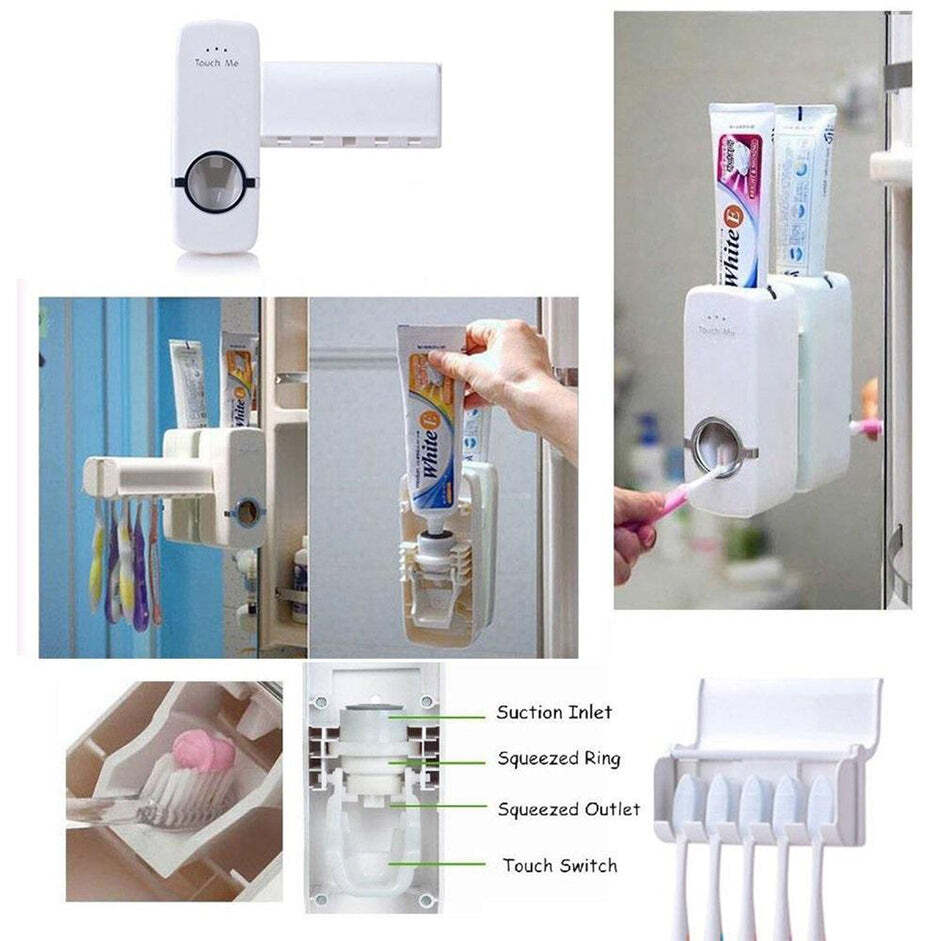 White Hands Free Wall Mounted Plastic Dust Proof Automatic Toothpaste Dispenser (0174a)