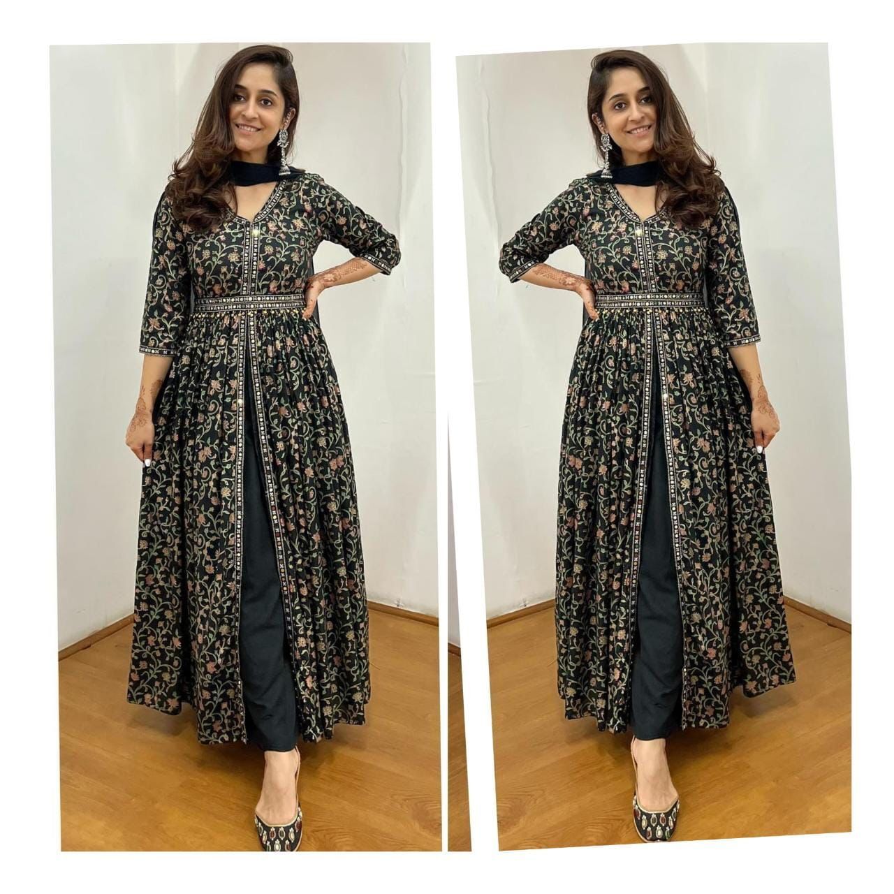 One Piece Mylar Embroidered Front Slit Outfit - Heavy Rayon Fabric, Available Sizes M L Xl Xxl, Elegant Black With Waist Belt And Tassel Dupatta