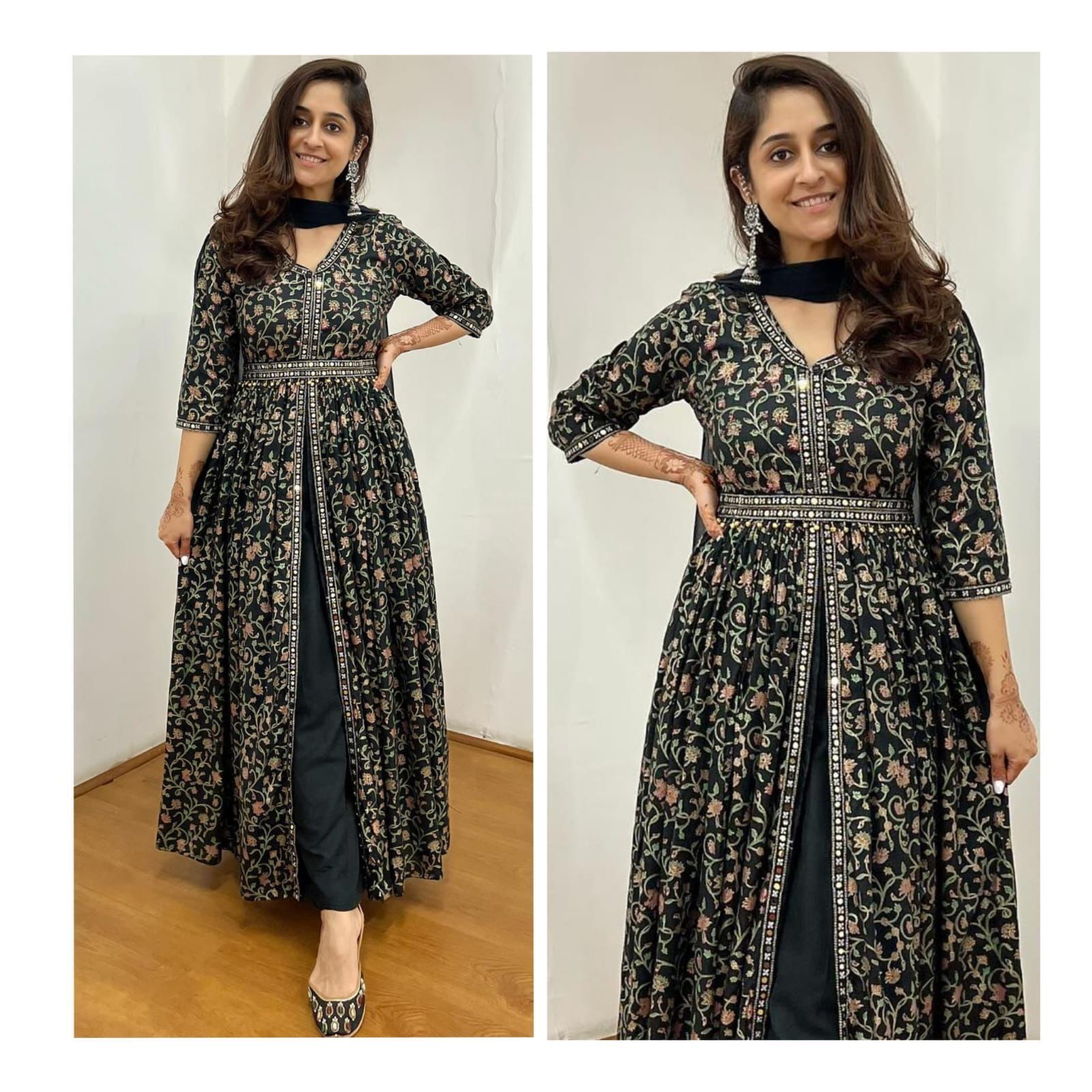One Piece Mylar Embroidered Front Slit Outfit - Heavy Rayon Fabric, Available Sizes M L Xl Xxl, Elegant Black With Waist Belt And Tassel Dupatta